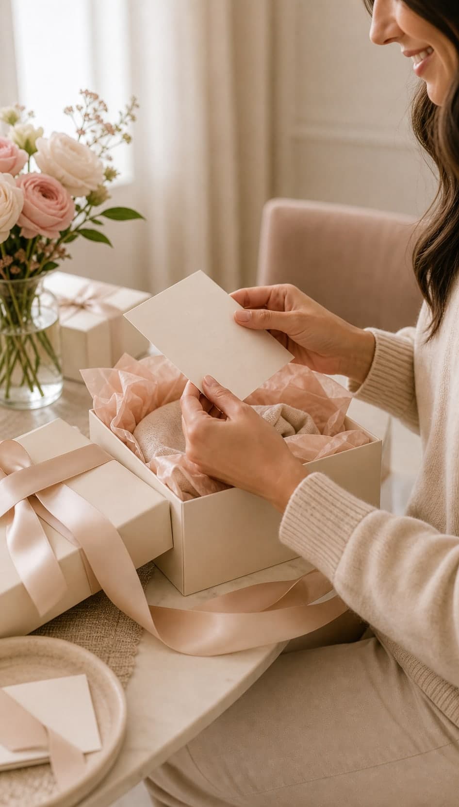 A recipient opening a warm champagne gift box and reading a handwritten note