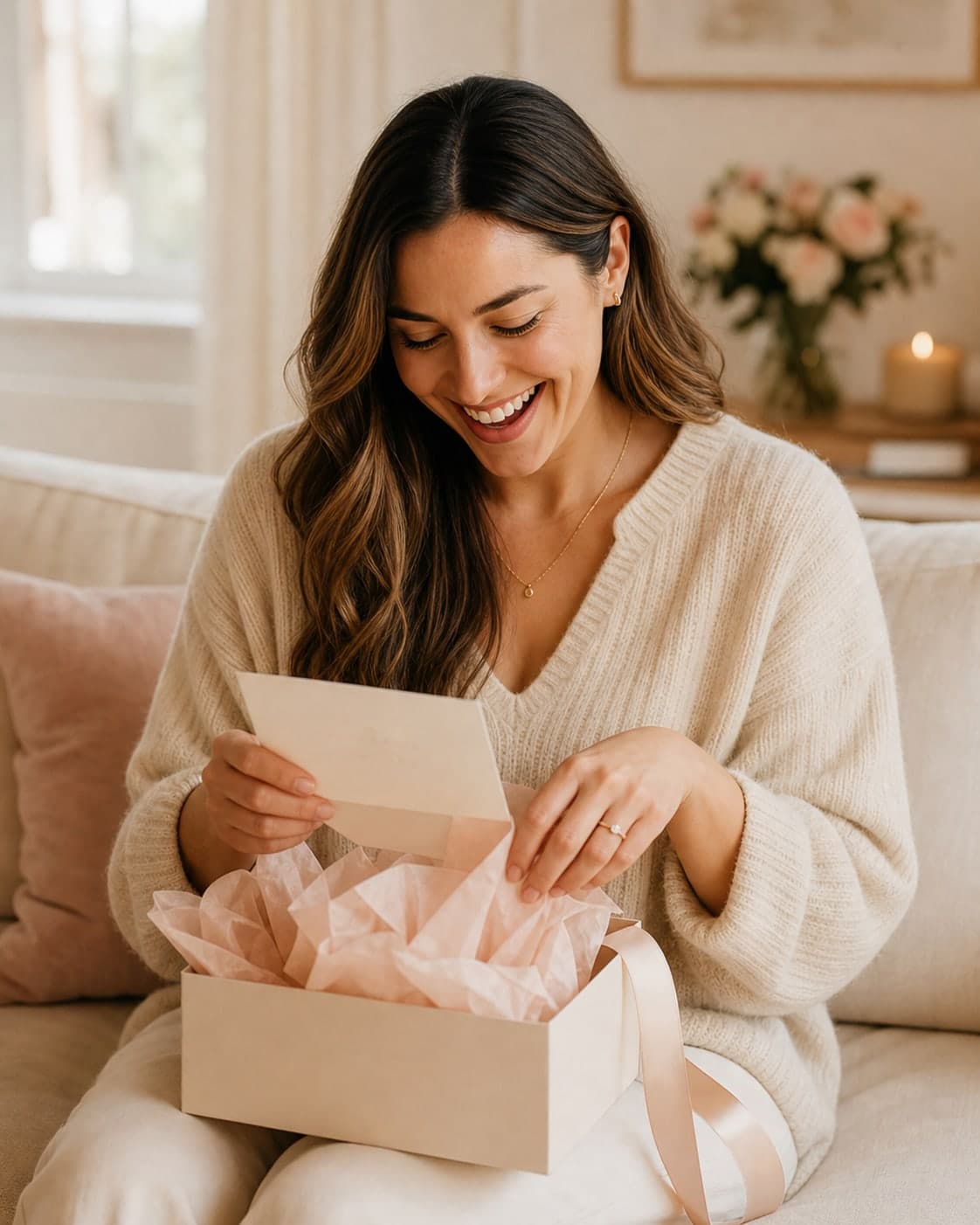 A smiling recipient opening a thoughtful gift box with a handwritten note
