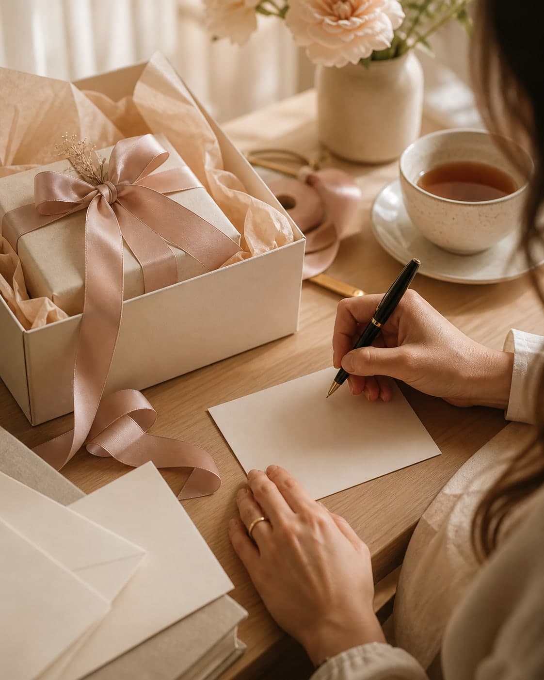 Hands writing a personal note beside a carefully wrapped gift box